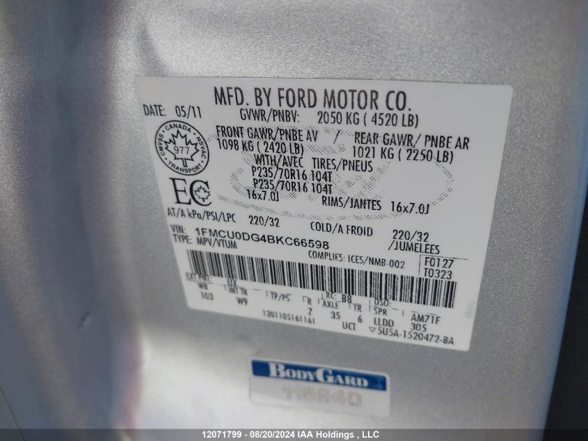 2011 Ford Escape Xlt Automatic VIN: 1FMCU0DG4BKC66598 Lot: 12071799