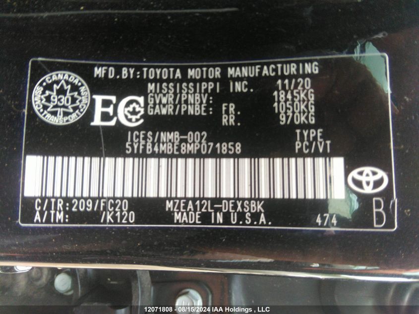 5YFB4MBE8MP071858 2021 Toyota Corolla Se