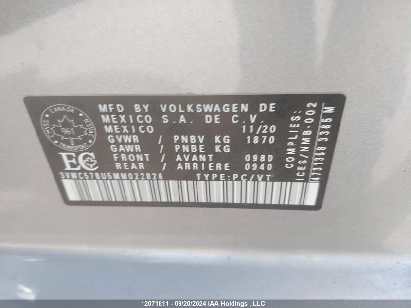 2021 Volkswagen Jetta VIN: 3VWC57BU5MM022826 Lot: 12071811