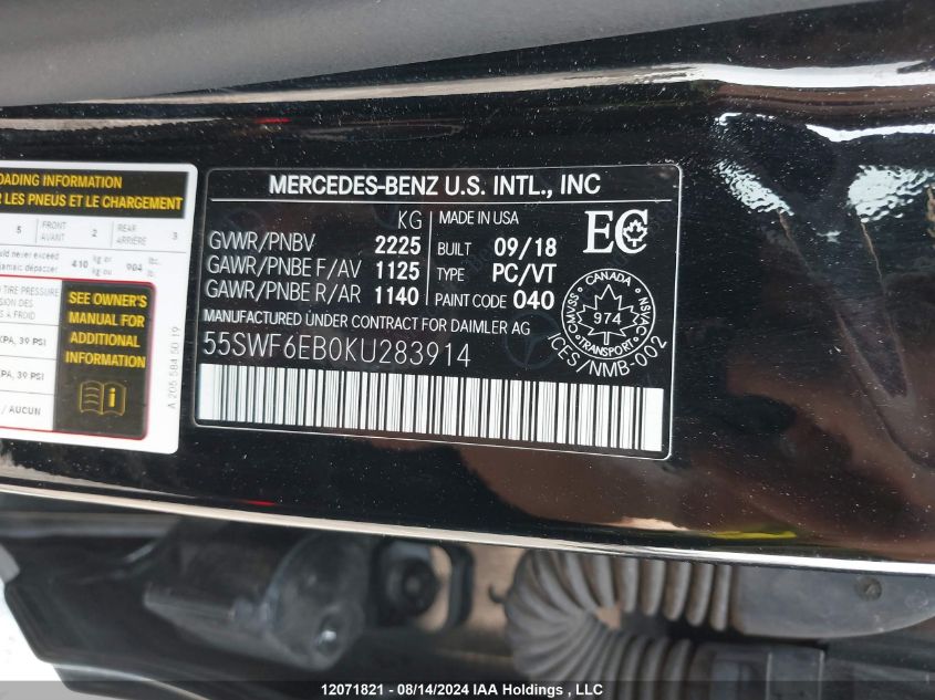 2019 Mercedes-Benz C-Class VIN: 55SWF6EB0KU283914 Lot: 12071821