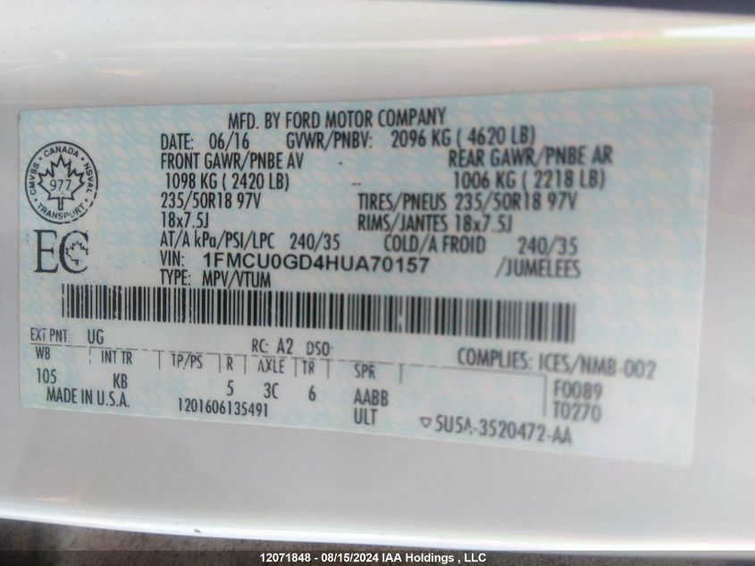 2017 Ford Escape Se VIN: 1FMCU0GD4HUA70157 Lot: 12071848