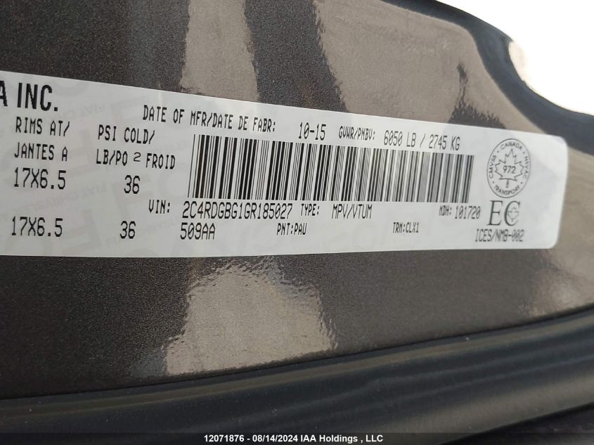 2016 Dodge Grand Caravan Se VIN: 2C4RDGBG1GR185027 Lot: 12071876