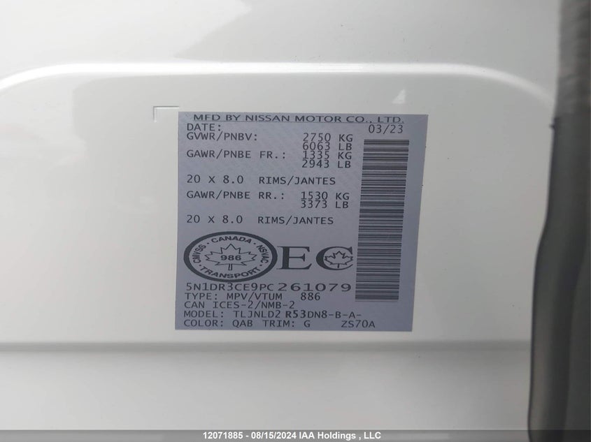 2023 Nissan Pathfinder VIN: 5N1DR3CE9PC261079 Lot: 12071885