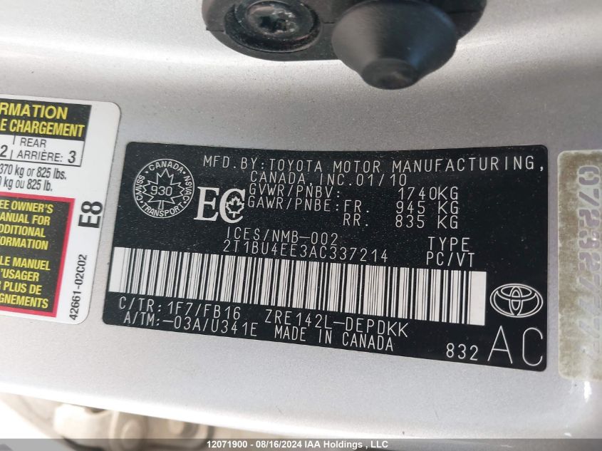 2010 Toyota Corolla S/Le/Xle VIN: 2T1BU4EE3AC337214 Lot: 12071900