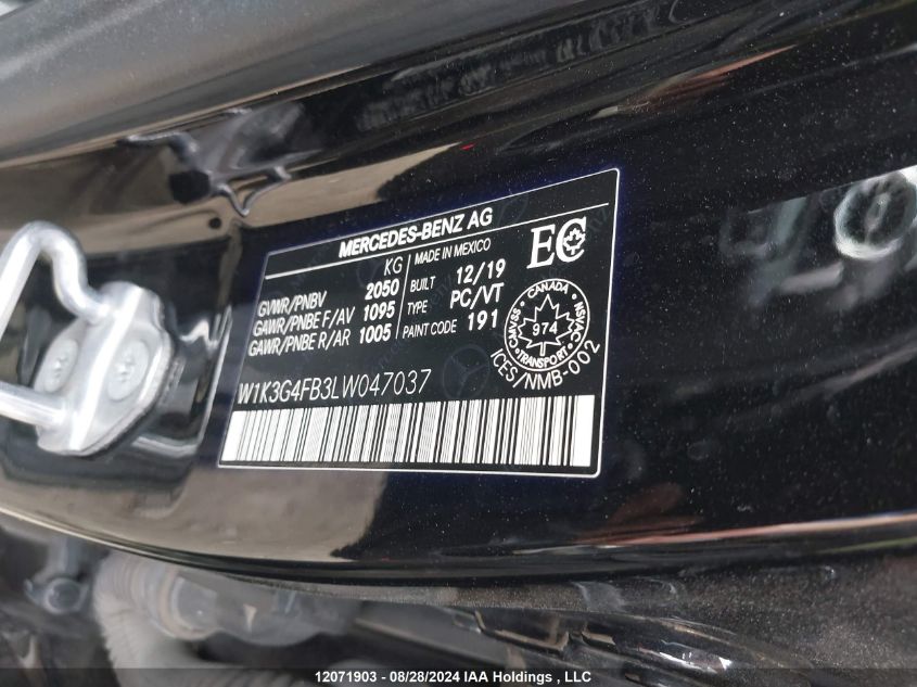 2020 Mercedes-Benz A-Class VIN: W1K3G4FB3LW047037 Lot: 12071903