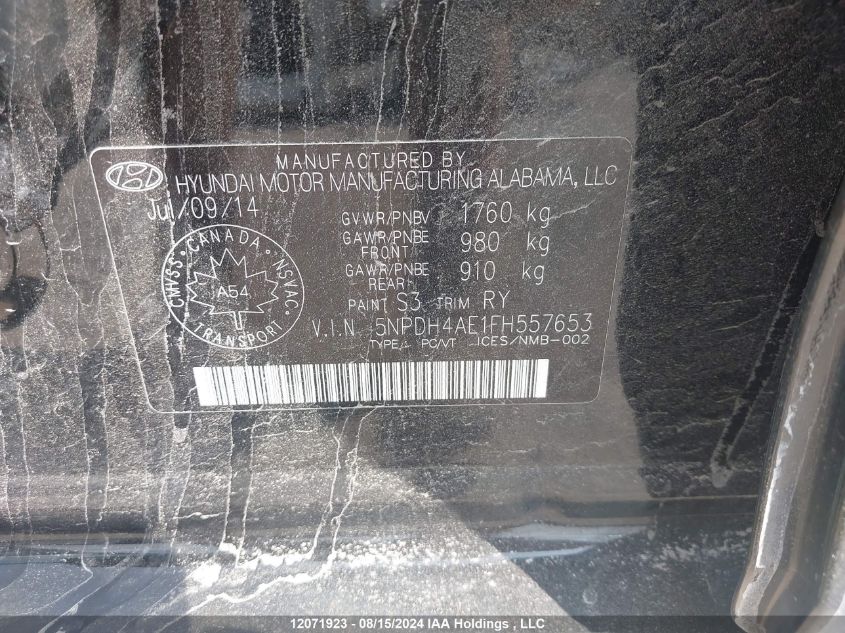 2015 Hyundai Elantra Gl VIN: 5NPDH4AE1FH557653 Lot: 12071923