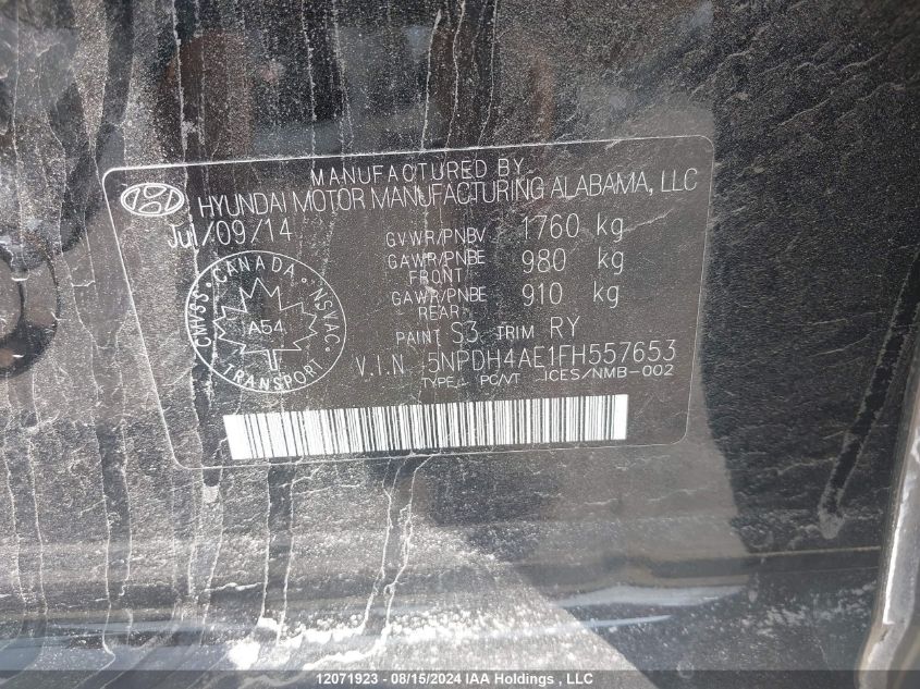 2015 Hyundai Elantra Gl VIN: 5NPDH4AE1FH557653 Lot: 12071923