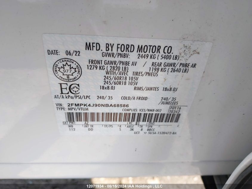 2FMPK4J90NBA68586 2022 Ford Edge Sel