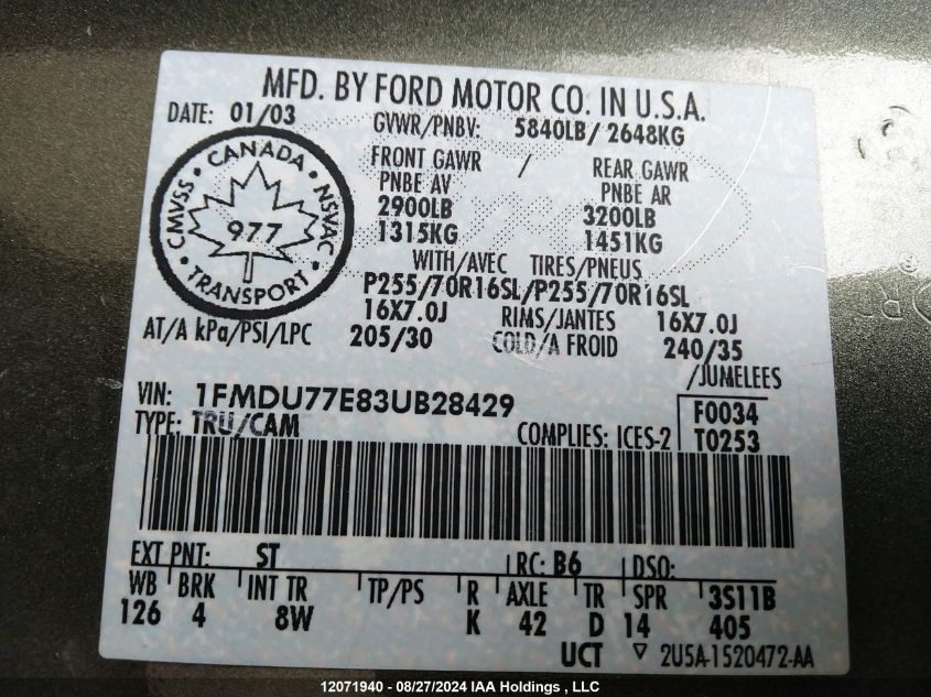 2003 Ford Explorer Sport Trac VIN: 1FMDU77E83UB28429 Lot: 12071940