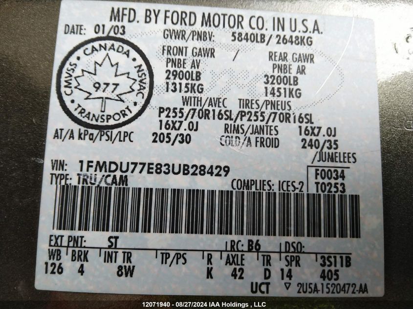 2003 Ford Explorer Sport Trac VIN: 1FMDU77E83UB28429 Lot: 12071940