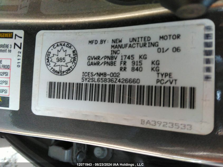 2006 Pontiac Vibe VIN: 5Y2SL65836Z426660 Lot: 12071943