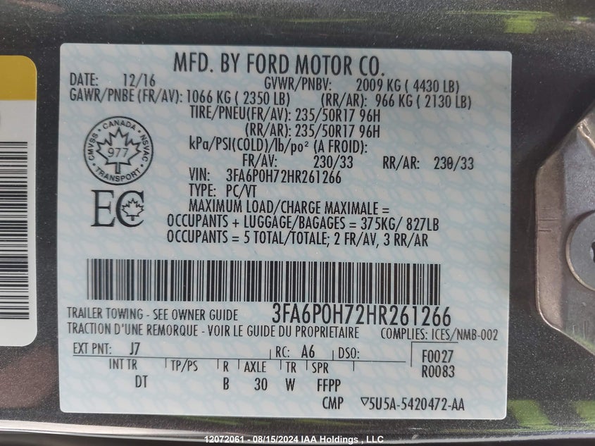 2017 Ford Fusion Se VIN: 3FA6P0H72HR261266 Lot: 12072061