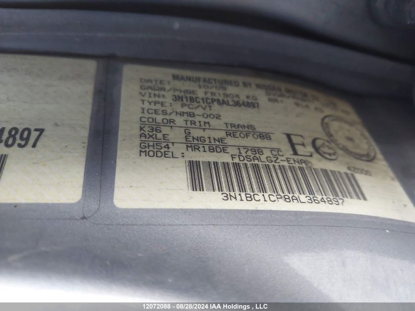 2010 Nissan Versa S/Sl VIN: 3N1BC1CP8AL364897 Lot: 12072088