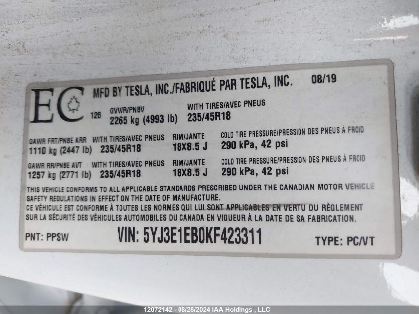 2019 Tesla Model 3 VIN: 5YJ3E1EB0KF423311 Lot: 12072142