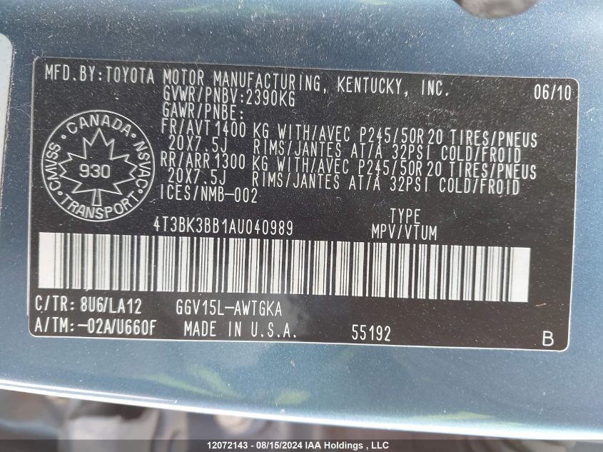 2010 Toyota Venza Base V6 VIN: 4T3BK3BB1AU040989 Lot: 12072143