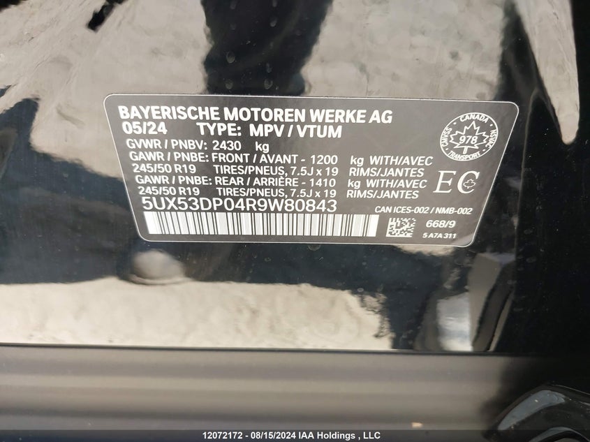 2024 BMW X3 VIN: 5UX53DP04R9W80843 Lot: 12072172