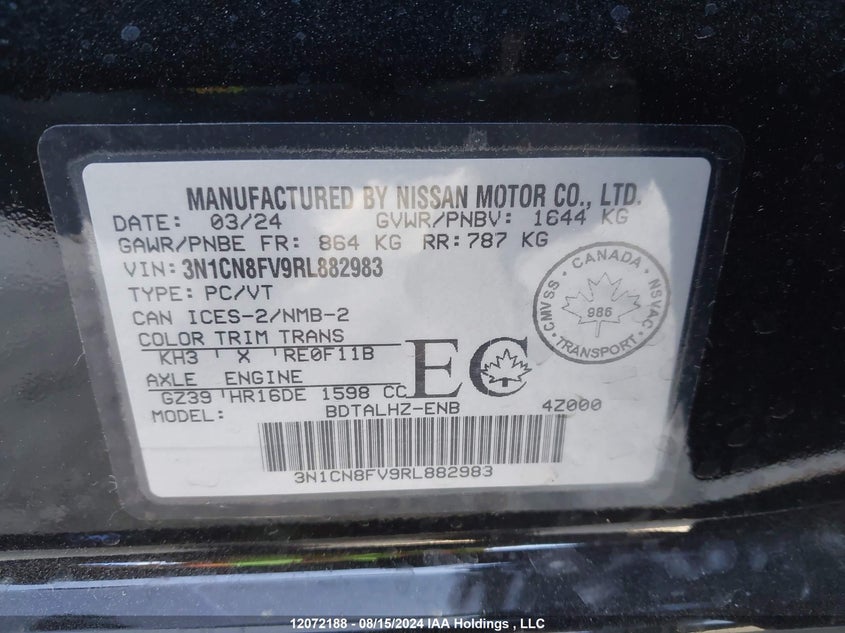 2024 Nissan Versa VIN: 3N1CN8FV9RL882983 Lot: 12072188