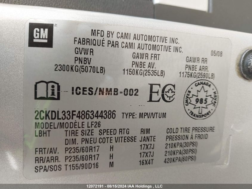 2008 Pontiac Torrent VIN: 2CKDL33F486344386 Lot: 12072191