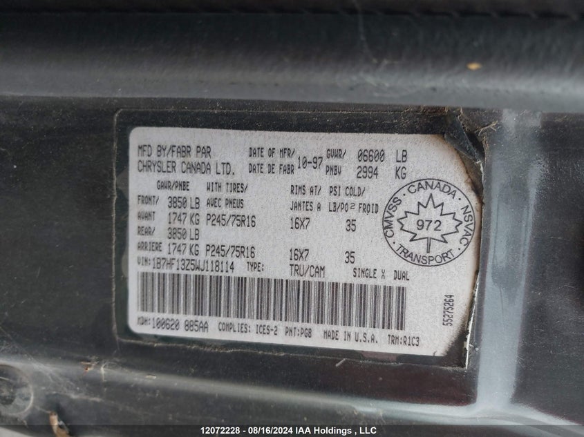 2001 Dodge Ram 1500 VIN: 1B7HF13Z5WJ118114 Lot: 12072228