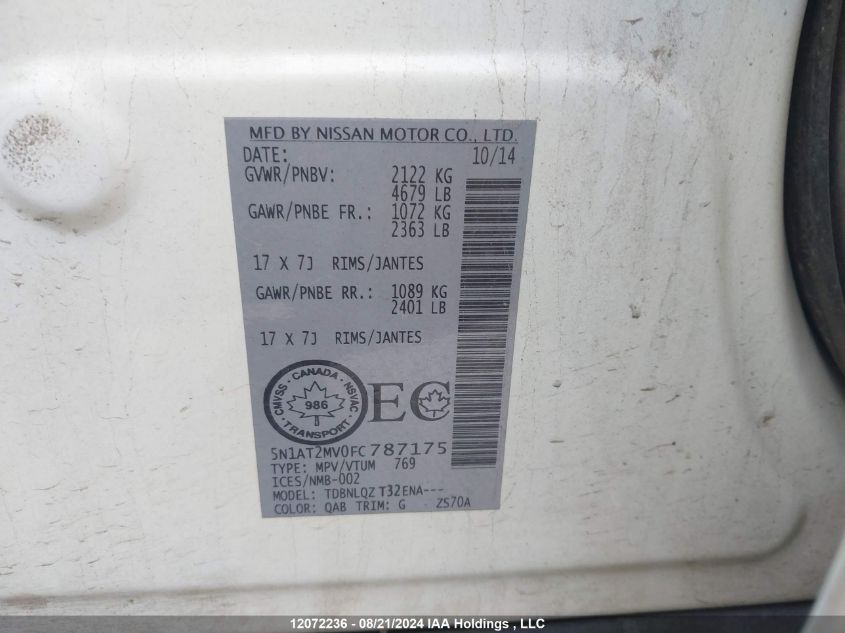 2015 Nissan Rogue VIN: 5N1AT2MV0FC787175 Lot: 12072236