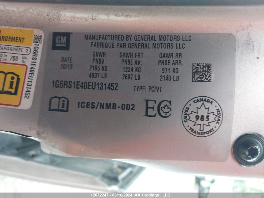 2014 Cadillac Elr VIN: 1G6RS1E40EU131452 Lot: 12072247