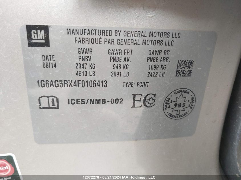 2015 Cadillac Ats VIN: 1G6AG5RX4F0106413 Lot: 12072270