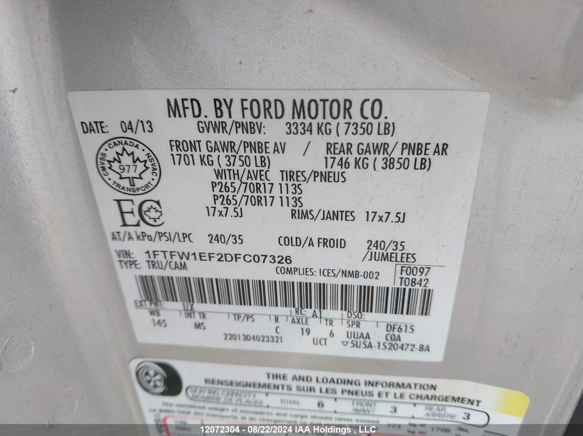 2013 Ford F150 Supercrew VIN: 1FTFW1EF2DFC07326 Lot: 12072304