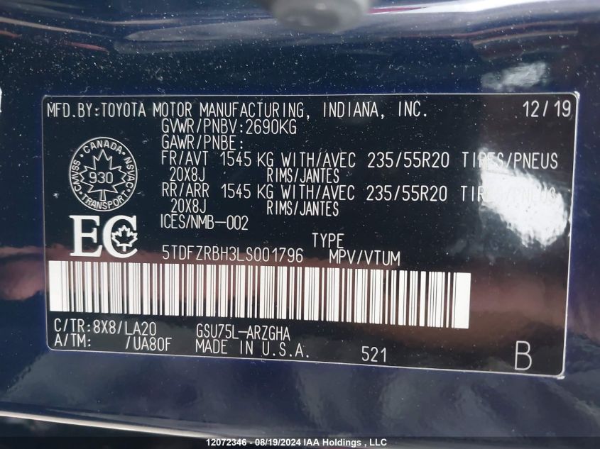 2020 Toyota Highlander Limited VIN: 5TDFZRBH3LS001796 Lot: 12072346