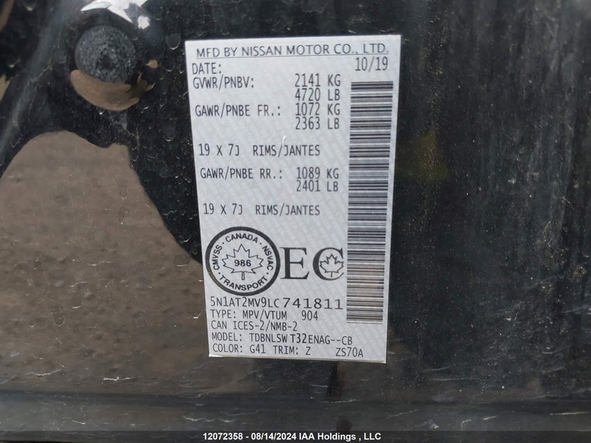 2020 Nissan Rogue VIN: 5N1AT2MV9LC741811 Lot: 12072358