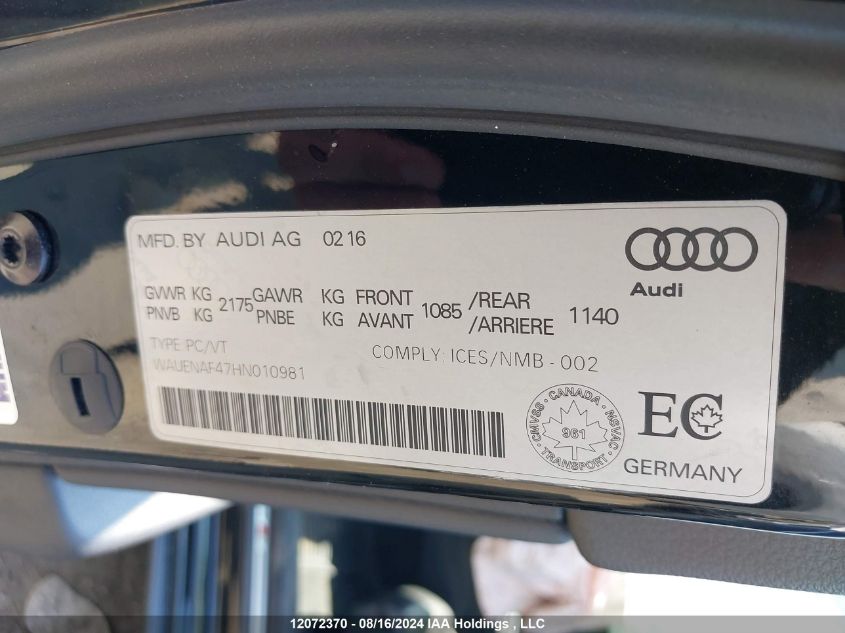 WAUENAF47HN010981 2017 Audi A4 Premium Plus