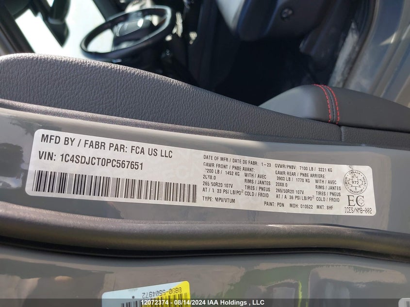 2023 Dodge Durango R/T VIN: 1C4SDJCT0PC567651 Lot: 12072374