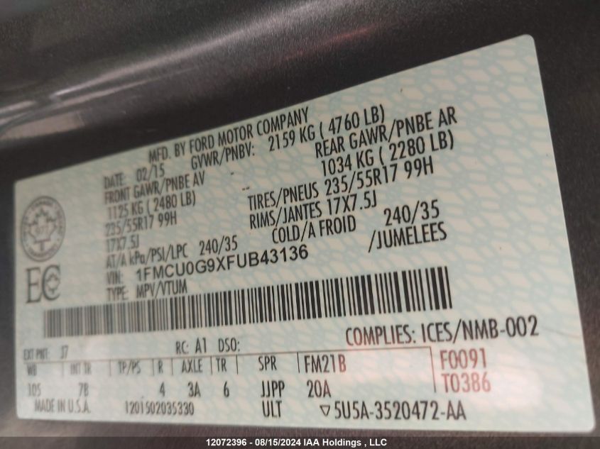 2015 Ford Escape Se VIN: 1FMCU0G9XFUB43136 Lot: 12072396