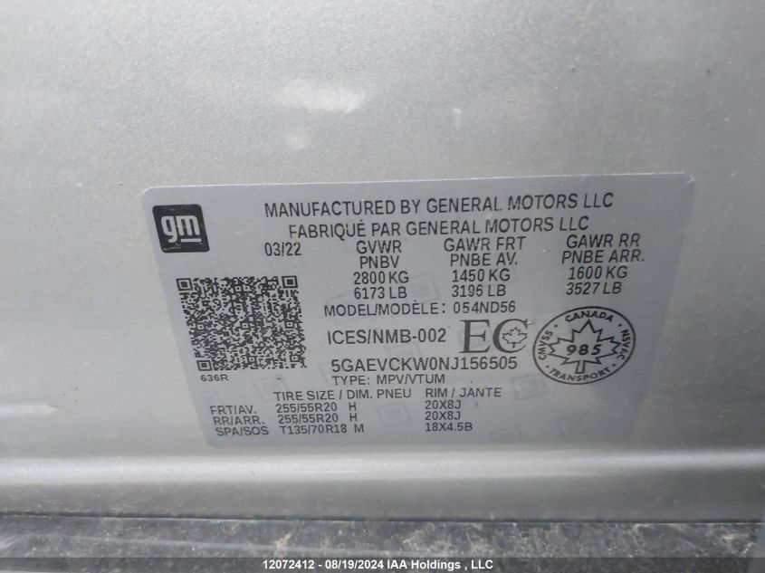 5GAEVCKW0NJ156505 2022 Buick Enclave