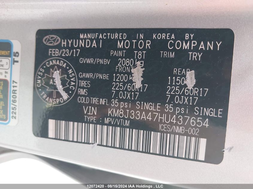 2017 Hyundai Tucson Premium VIN: KM8J33A47HU437654 Lot: 12072420