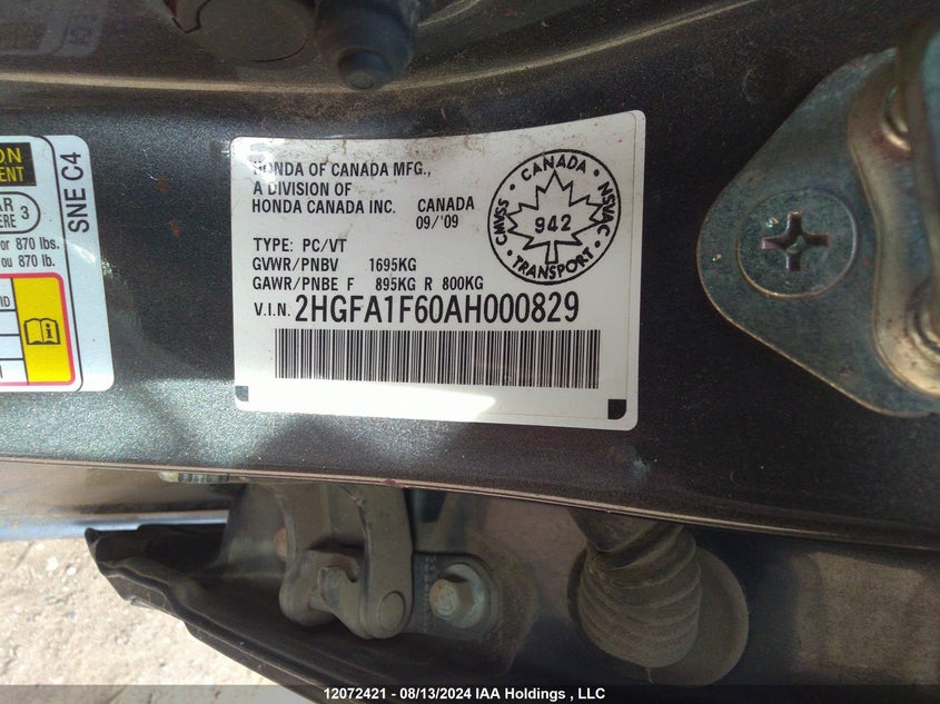 2010 Honda Civic Sdn VIN: 2HGFA1F60AH000829 Lot: 12072421