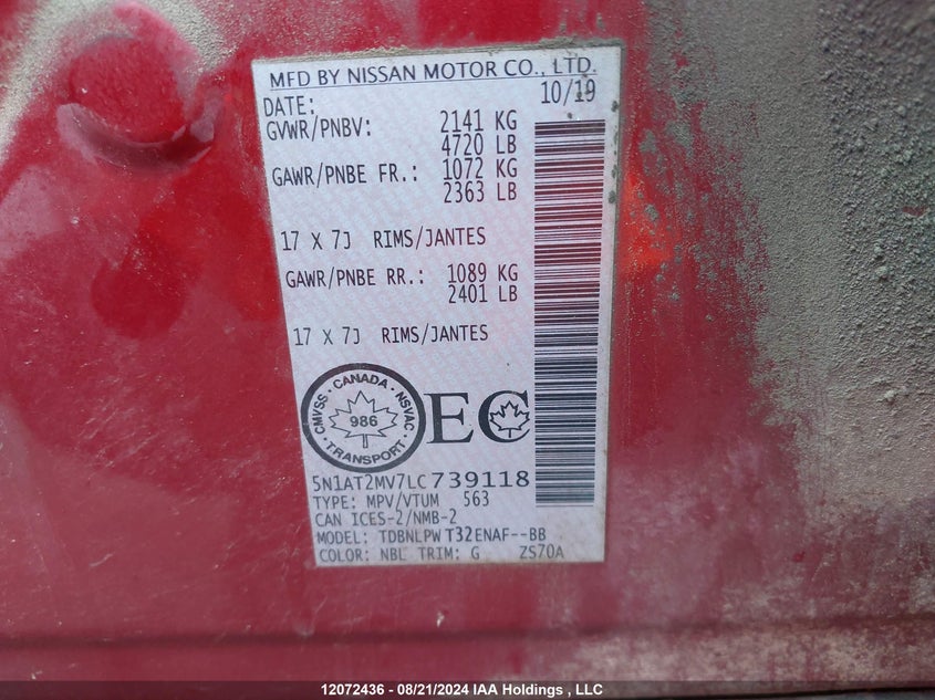 2020 Nissan Rogue VIN: 5N1AT2MV7LC739118 Lot: 12072436