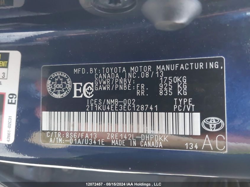 2014 Toyota Matrix S VIN: 2T1KU4EE3EC128741 Lot: 12072457