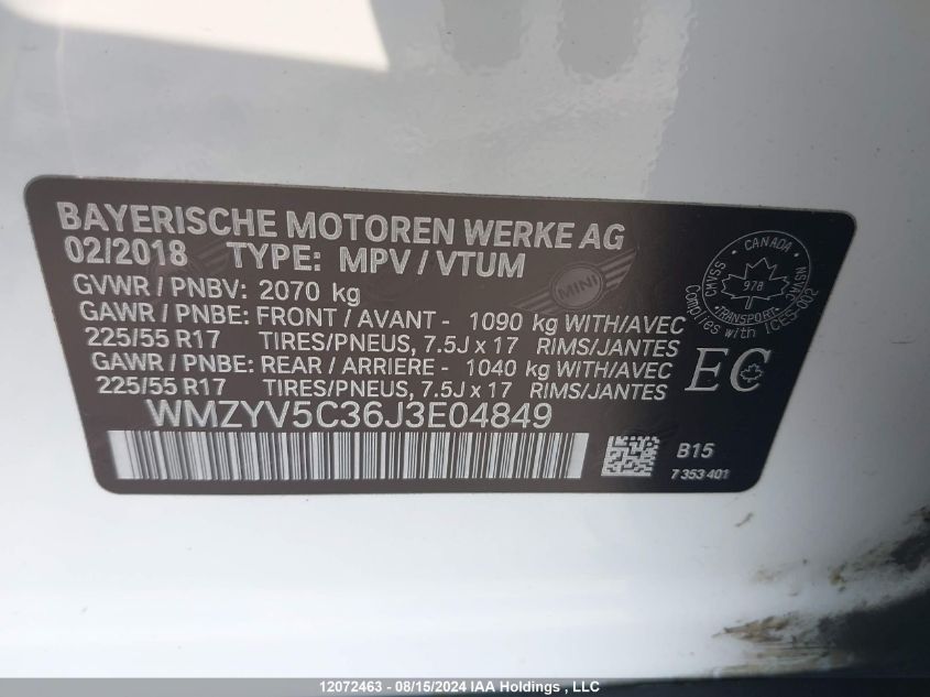 2018 Mini Cooper Countryman All4 VIN: WMZYV5C36J3E04849 Lot: 12072463