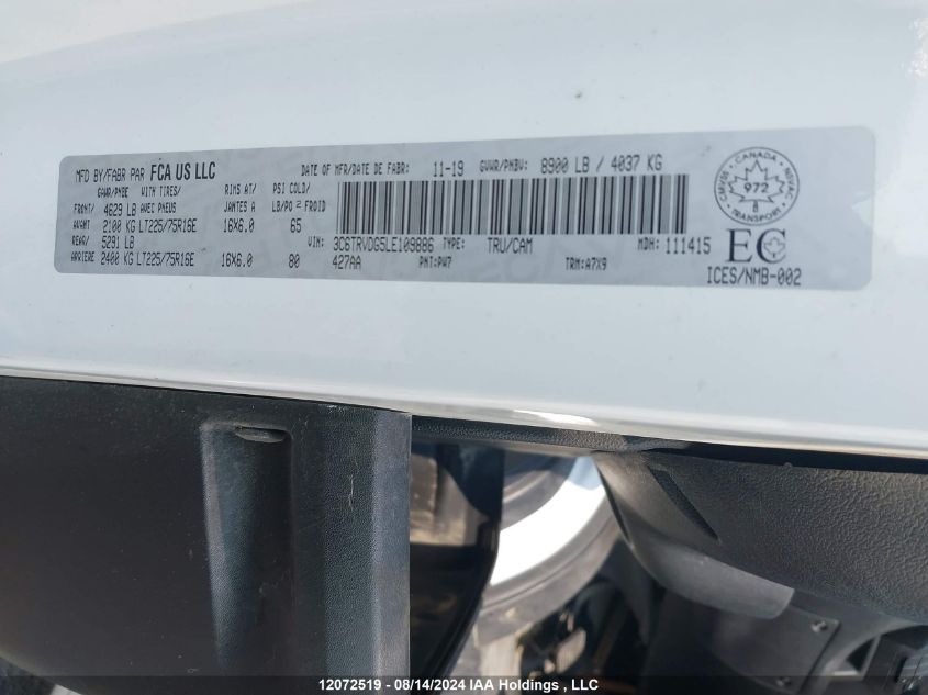 2020 Ram Promaster 2500 2500 High VIN: 3C6TRVDG5LE109886 Lot: 12072519