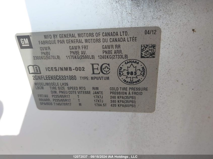 2012 Chevrolet Equinox VIN: 2GNFLEEK6C6331080 Lot: 12072537