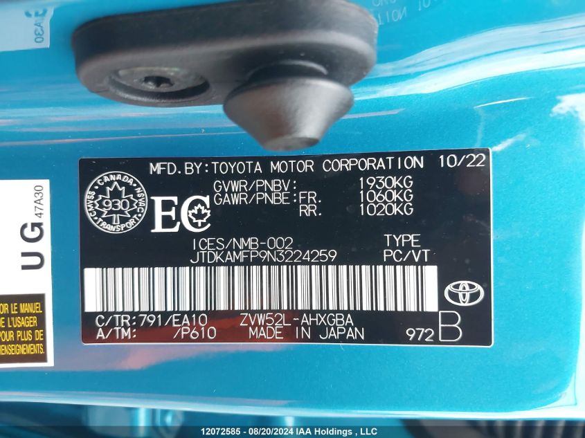 2022 Toyota Prius Prime Upgrade VIN: JTDKAMFP9N3224259 Lot: 12072585