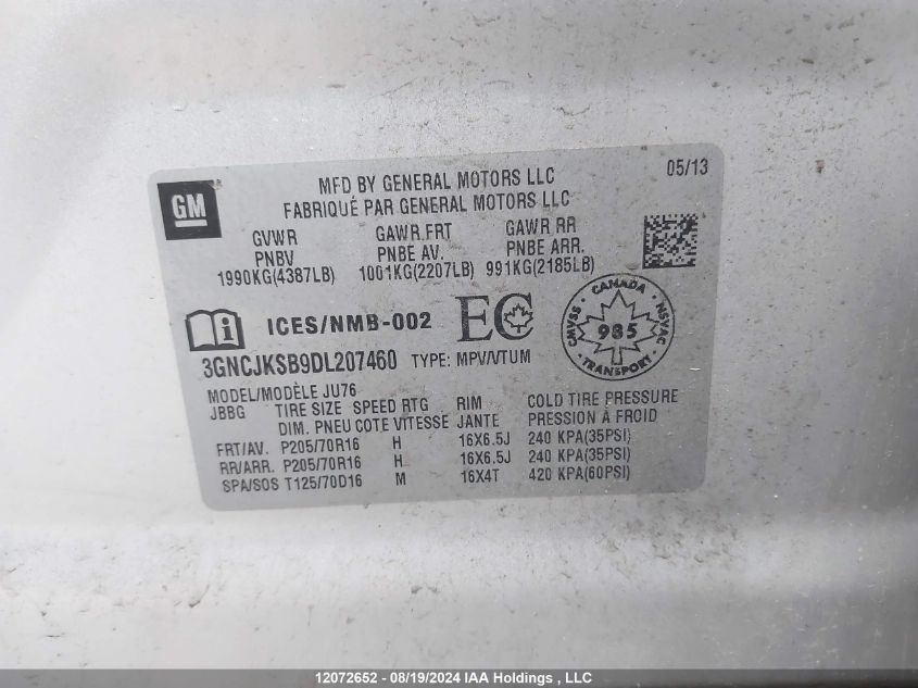 2013 Chevrolet Trax VIN: 3GNCJKSB9DL207460 Lot: 12072652