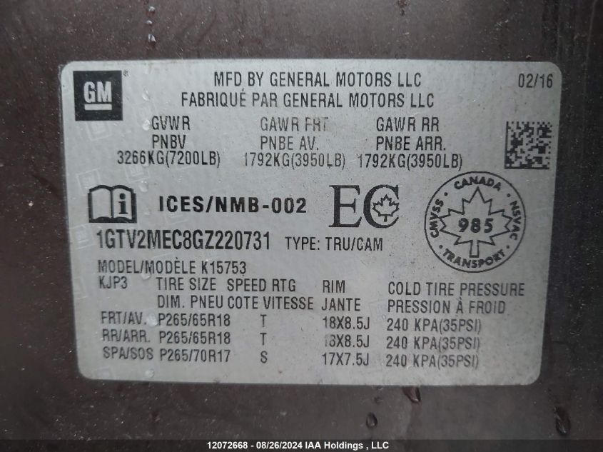 2016 GMC Sierra 1500 VIN: 1GTV2MEC8GZ220731 Lot: 12072668