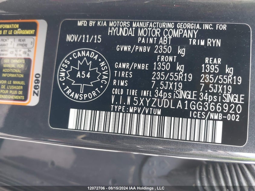 2016 Hyundai Santa Fe Sport VIN: 5XYZUDLA1GG366920 Lot: 12072706