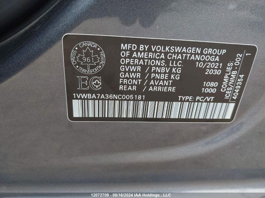 2022 Volkswagen Passat Limited Edition VIN: 1VWBA7A36NC005181 Lot: 12072709