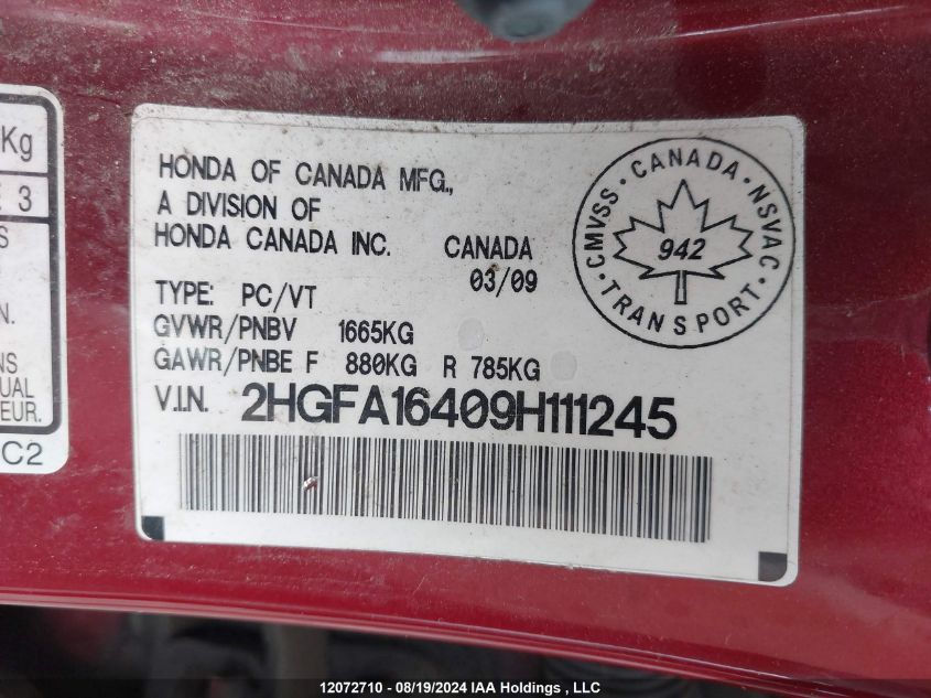 2009 Honda Civic Sdn VIN: 2HGFA16409H111245 Lot: 12072710