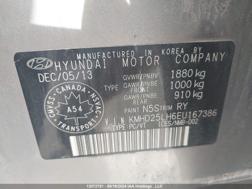 2014 Hyundai Elantra VIN: KMHD25LH6EU167386 Lot: 12072751