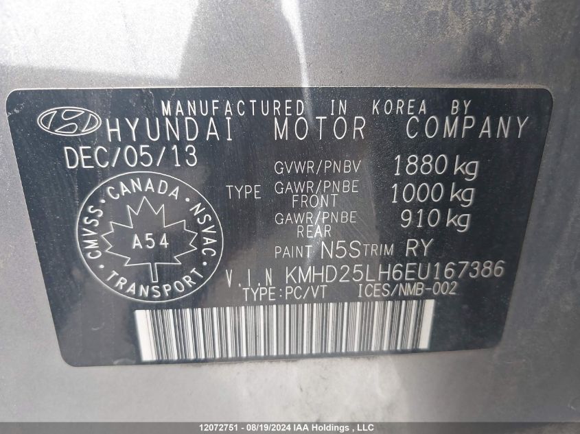 2014 Hyundai Elantra VIN: KMHD25LH6EU167386 Lot: 12072751