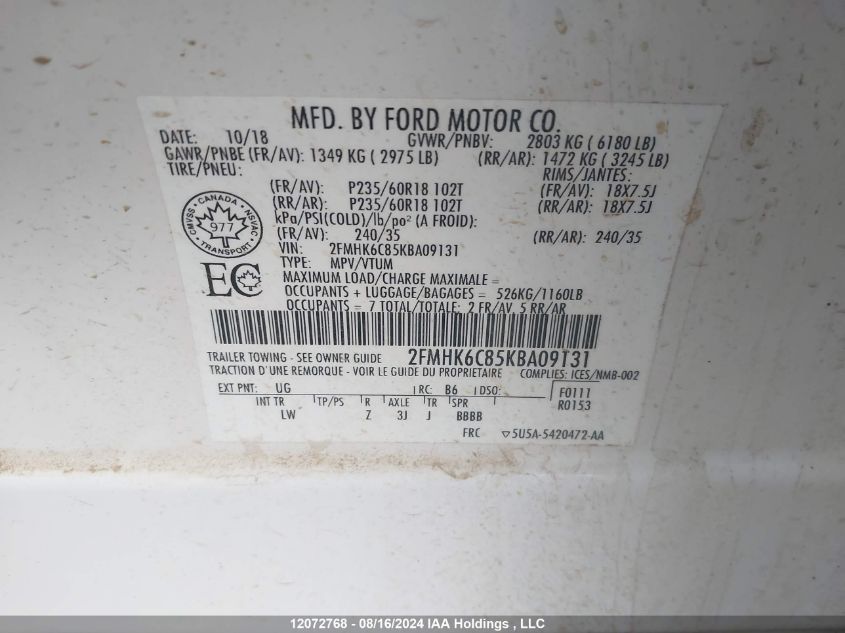 2019 Ford Flex Sel VIN: 2FMHK6C85KBA09131 Lot: 12072768
