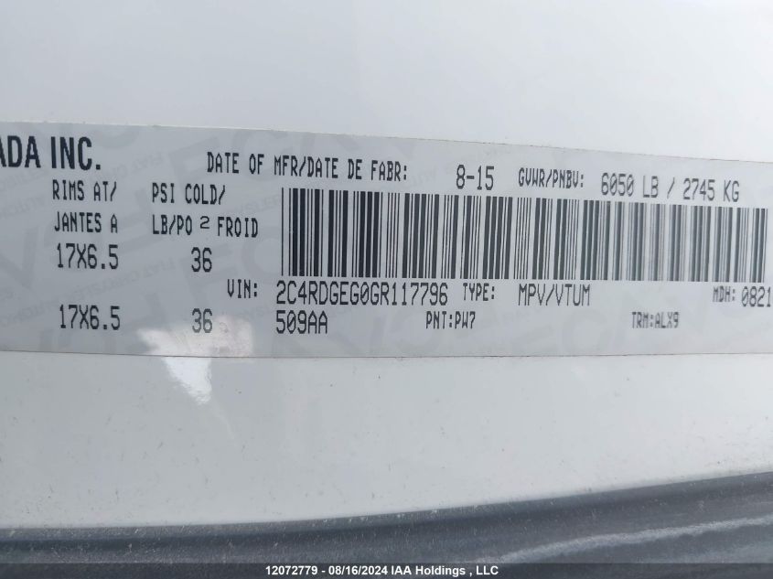 2016 Dodge Grand Caravan R/T VIN: 2C4RDGEG0GR117796 Lot: 12072779